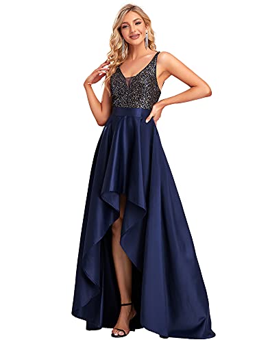 Ever-Pretty Damen V-Ausschnitt Ärmellos High Low Hohe Taille Partykleider mit Pailletten Navy Blau 44 von Ever-Pretty