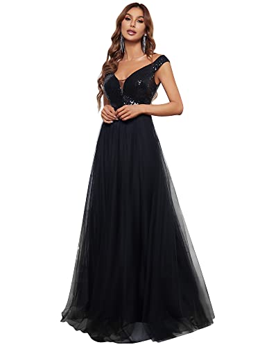 Ever-Pretty Damen V-Ausschnitt Ärmellos Off Shoulder Empire Taille A Linie Bodenlange Tüll Pailletten Abendparty Kleider Schwarz 36EU von Ever-Pretty