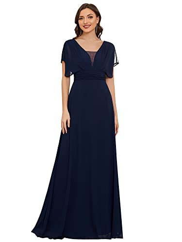 Ever-Pretty Damen Cocktailkleider V-Ausschnitt Lotusblattärmel Hohe Taille Chiffon Elegant Maxi Blau 58EU von Ever-Pretty