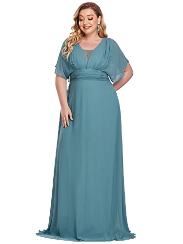 Ever-Pretty Damen V-Ausschnitt Lotusblattärmel Hohe Taille Chiffon Große Größe Elegant Maxi Abendkleider Staubiges Blau 42 von Ever-Pretty