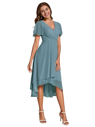 Ever-Pretty Hochzeitsgastkleid V Ausschnitt Gerüschte Ärmelränder Damen Elegante Empire Taille Brautjungfer Kleider Chic Staubiges Blau 58 von Ever-Pretty