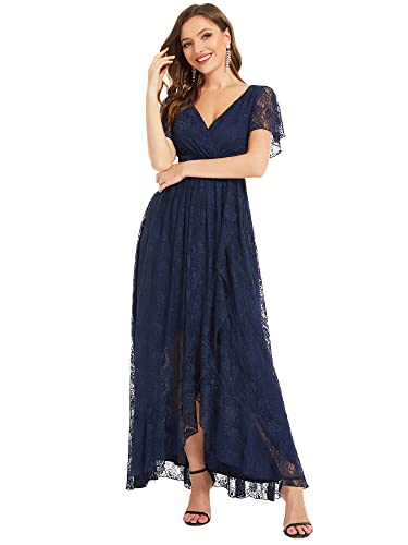 Ever-Pretty Mutter Der Braut Abendkleider Kurze Ärmel V-Ausschnitt High Low Lace Maxi Elegant Navy Blau 42EU von Ever-Pretty