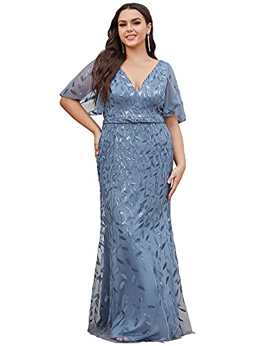 Ever-Pretty Plus Damen Rüschen Kurze Ärmel V-Ausschnitt Pailletten Bodenlang Große Größe Meerjungfrau Ballkleid Staubige Marine 56 von Ever-Pretty