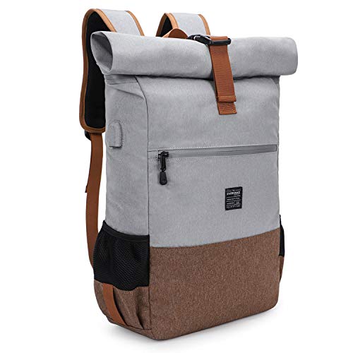 EverVanz Laptop-Rucksack, Damen & Herren Roll Top Wasserdichter Wanderrucksack, Leichtgewichtiger Freizeit-Rucksack, Stilvolle Schultasche mit USB-Ladebuchse, L von EverVanz