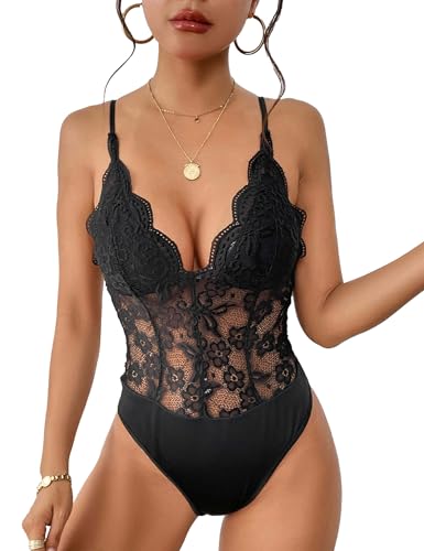 Everbellus Damen Sexy Floral Lace Bodysuit Sheer Mesh Tank Tops Tiefer V-Ausschnitt Korsett Bodysuits Verstellbare Strap Cami Top Schwarz Large Everbellus Damen Sexy Floral Lace Bodysuit Sheer Mesh Tank Tops Tiefer V-Ausschnitt Korsett Bodysuits Verstellbare Strap Cami Top Schwarz Large von Everbellus