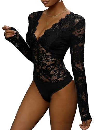 Everbellus Damen Sexy Spitze Body Anzüge Langarm Deep V Dessous Top Date Night Clubwear Schwarz Xlarge Everbellus Damen Sexy Spitze Body Anzüge Langarm Deep V Dessous Top Date Night Clubwear Schwarz Xlarge von Everbellus