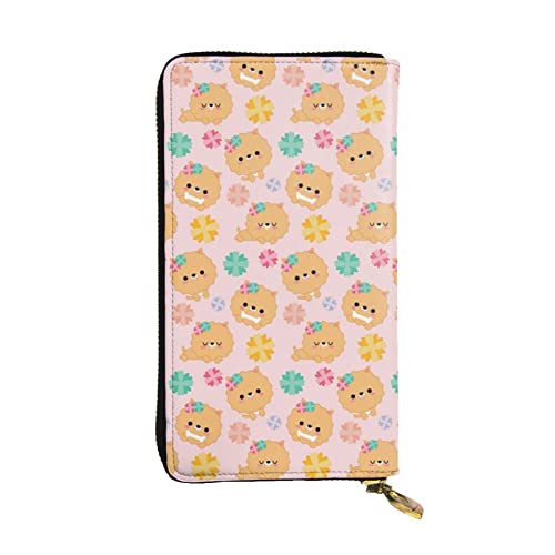 Evius Pomeranians Cartoon Blumen Geldbörse Herren Geldbörsen Personalisierte Geldbörse für Männer Leder Billfold Herren Geldbörsen mit Münzfach Reißverschluss Geldtasche für Männer Ideal zum Tragen von Evius