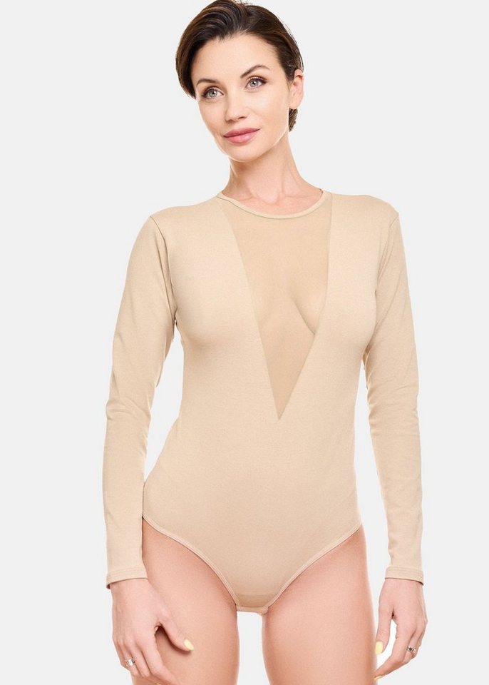 Evoni Body Damen Langarmbody V-Dekollete Tüll Blickdicht von Evoni