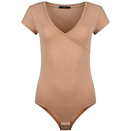 Evoni Damen Body Hellbraun XXL aus Baumwolle Kurzarmbody mit V-Dekolleté von Evoni