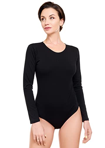 Evoni Damen Body langarm I blickdichter Bodysuit mit Rundhals für Frauen I Langarmbody in verschiedenen Farben I Body Shaper aus Baumwolle I Jumpsuit XS Schwarz von Evoni