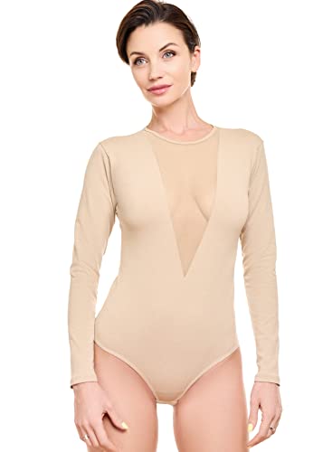 Evoni Damen Body Langarmbody mit V-Dekolleté aus Tüll Damen Oberteil Bodysuit (L, Hautfarbe) von Evoni