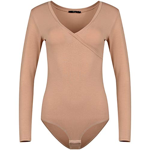 Evoni Damen Body Langarmbody mit V-Dekolleté für Frauen L Hellbraun von Evoni