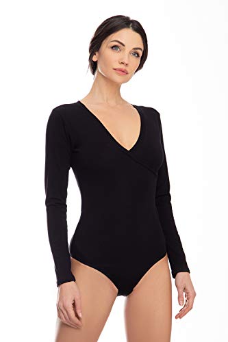 Evoni Damen Body langarm I blickdichter Bodysuit mit V-Ausschnitt für Frauen I La ngarmbody aus Baumwolle I Body Shaper mit Verschluß I Jumpsuit L schwarz von Evoni