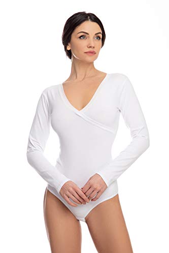 Evoni Damen Body langarm I blickdichter Bodysuit mit V-Ausschnitt für Frauen I Langarmbody aus Baumwolle I Body Shaper mit Verschluß I Jumpsuit L weiß von Evoni