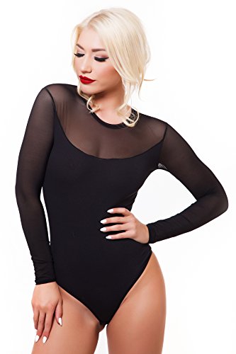 Evoni Damen Body Langarmbody mit transparenten Ärmeln schwarz M von Evoni