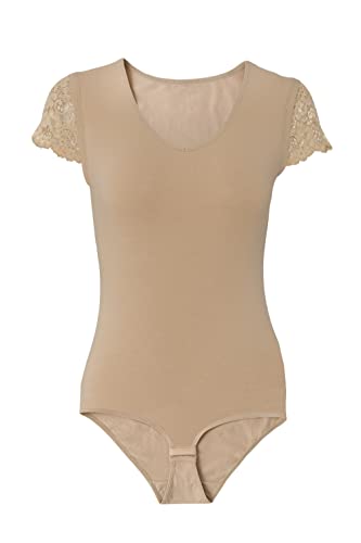 Evoni Damen Body aus Baumwolle Kurzarmbody mit Spitzenärmeln (XL, Beige) von Evoni