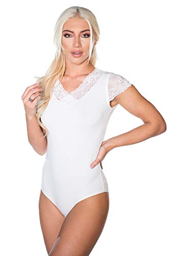 Evoni Damen-Body in Weiss | Kurzarm-Bodysuit mit Spitzenärmeln |Oberteil mit Verschluß-Haken | Nicht nur Unterwäsche | kurzarmes Baumwoll Shirt Damen | Spitzen-Dekolleté , Weiß, L von Evoni