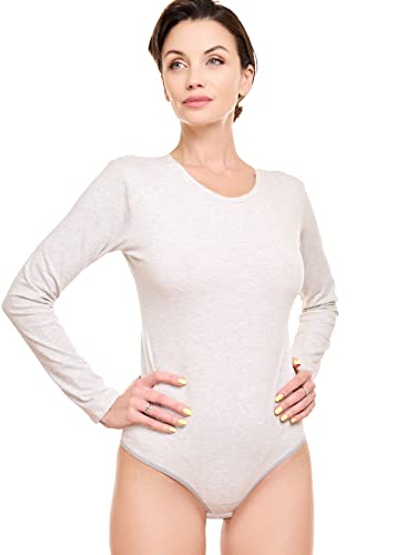 Evoni Damen-Body I Bodysuit mit Rundhals für Frauen I Langarm-Body in verschiedenen Farben I Optimale Alternative für Sport & Freizeit L Grau Meliert von Evoni