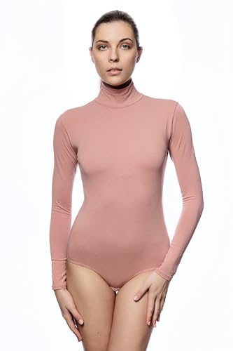 Evoni Damen Body langarm I Bodysuit aus feiner Baumwolle I Slim Fit Frauen Blusenbody mit Stehkragen I Body Shaper mit Verschluß I Jumpsuit XL rose von Evoni