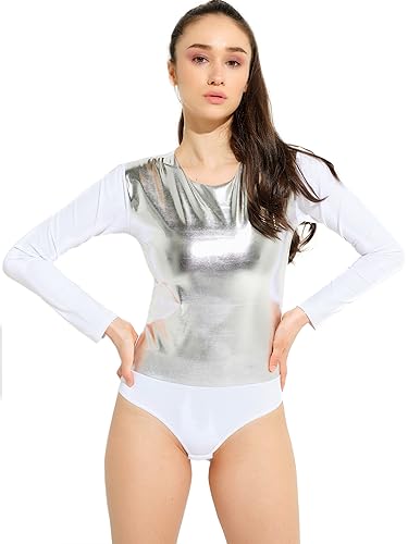 Evoni Damen Body langarm I eleganter Women Bodysuit | Langarmbody mit Rundhals I Blusenbody aus Baumwolle I Metallic Body Shaper (Weiß, L) von Evoni