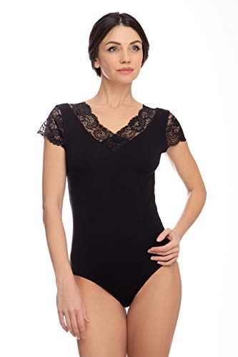 Evoni Damen Body schwarz M=38 eleganter blickdichter Kurzarmbody mit Spitzenärmeln von Evoni