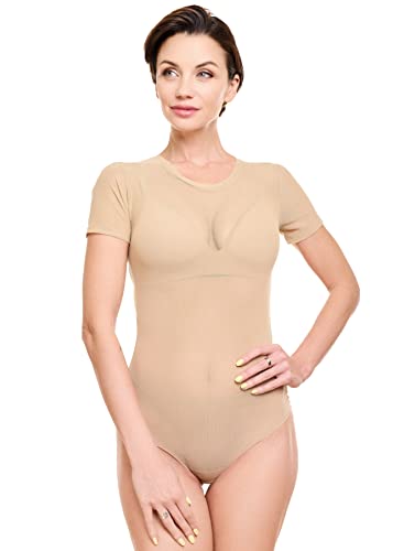 Evoni Damen Body transparent Kurzarmbody XL beige von Evoni