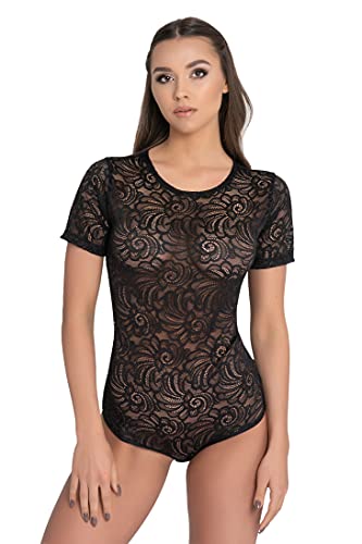 Evoni Damen Body transparent Kurzarmbody aus Spitze (XXL, Schwarz) von Evoni