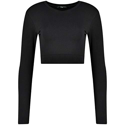 Evoni Damen Crop Top schwarz XL Langarmshirt aus Baumwolle Bauchfrei von Evoni