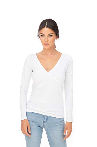 Evoni Damen Langarmshirt aus Baumwolle mit V-Ausschnitt weiß S von Evoni