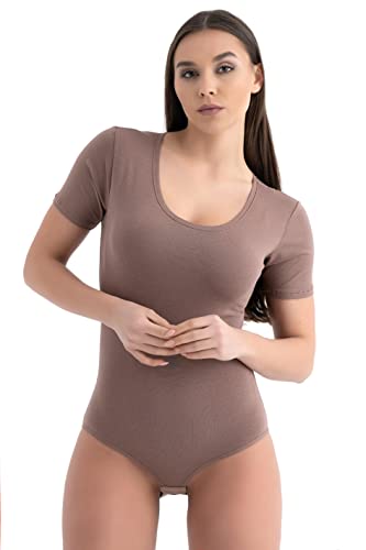 Evoni Damenbody mit kurzen Ärmeln und Rundhals I Damen T-Shirt I Bodysuit Women I Unterzieh-Body I Kurzarm-Body mit optimaler Passform Braun M von Evoni