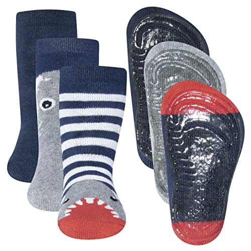 EWERS 3er-Pack Haifisch Stoppersocken SoftStep, Socken mit Antirutschsohle für Jungen, Anti-Rutsch-Socken mit Gummisohle, MADE IN GERMANY, 3 Paar rutschfeste Kindersocken für Jungs, Größe 21-22 von EWERS