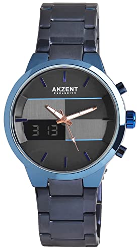 Akzent Herren Armband Uhr Anthrazit Blau Analog Digital Negativ Display Edelstahl Quarz Alarm Wecker Licht Stoppuhr 92800075001 von Excellanc