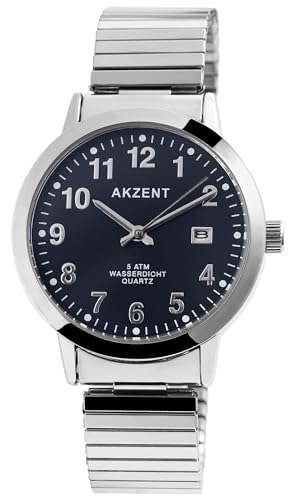 Akzent Herren Armband Uhr Blau Silber Analog Datum Edelstahl Zugband Stretch 92700012003 von Excellanc