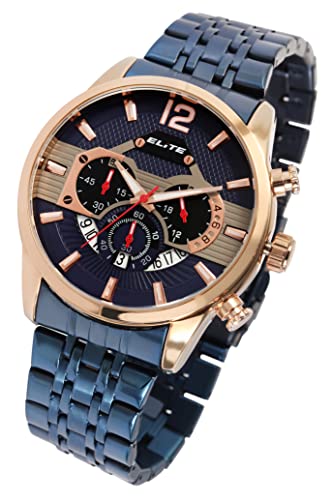 Elegante Elite Design Herren Armband Uhr Blau Chronograph Datum Edelstahl Quarz 92800085005 von Excellanc