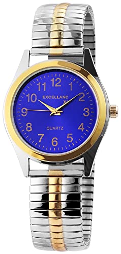 Elegante Herren Armband Uhr Blau Silber Gold Analog Edelstahl Zugband Stretch Quarz 92700013003 von Excellanc