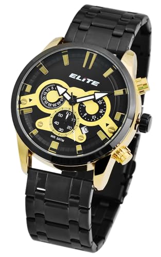 Elite Herren Armband Uhr Schwarz Gold Chronograph Edelstahl Analog Datum 92800063004 von Excellanc