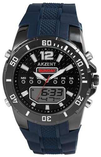 Excellanc Akzent Herren Armband Uhr Blau Analog Digital Chronograph Datum Licht Silikon 92420025002 von Excellanc