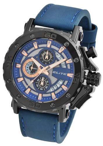 Excellanc Elite Herren Armband Uhr Blau Schwarz Chronograph Echt Leder Analog Datum 92900196001 von Excellanc