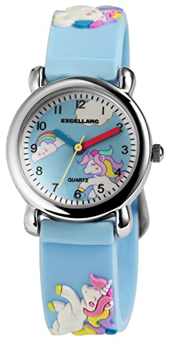 Excellanc Kinder Armband Uhr Blau 3D Einhorn Motive Lernuhr Jungen Mädchen Kids 94500005001 von Excellanc