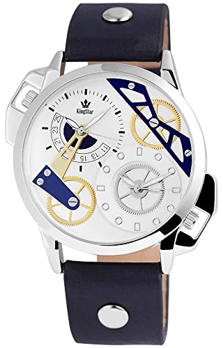 Excellanc King Star Herren Armband Uhr Weiß Blau Analog 2 Zeitzonen Kunst Leder Quarz 9251422700010 von Excellanc