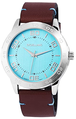 Excellanc Modische Herren Armband Uhr Blau Braun Analog Leder Imitat Quarz Trend 9295023500187 von Excellanc