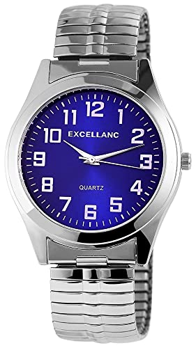 Herren Armband Uhr Blau Silber Analog Edelstahl Zugband Stretch Analog Quarz 92700001004 von Excellanc