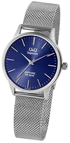 Klassische Q&Q Damen Herren Armband Uhr Blau Silber Analog Saphirglas Edelstahl Milanaise Meshband 5ATM Quarz 9S03A004VY von Excellanc