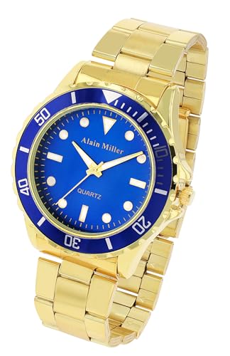 Modische Alain Miller Herren Armband Uhr Blau Gold Analog Edelstahl Quarz 92800012002 von Excellanc