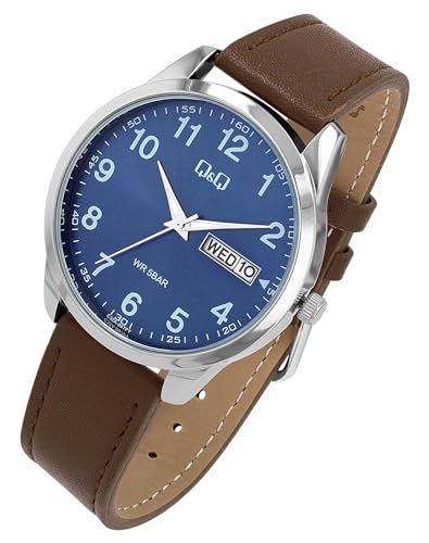 Q&Q by Citizen Herren Armband Uhr Blau Braun Analog Datum & Tag Leder Imitat Klassik Mode Quarz 5ATM Männer 9C32A007PY von Excellanc