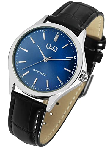 Q&Q by Citizen Herren Armband Uhr Blau Schwarz Leder Imitat Klassik Analog Quarz Männer 9Q93A004PY von Excellanc