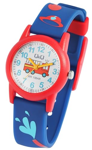 Q&Q by Citizen Kinder Armband Uhr Weiß Blau Rot Silikon Feuerwehr 100M WR 10ATM Junge Mädchen Kids 9VR99J019Y von Excellanc