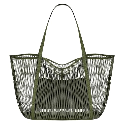 F Fityle Mesh-Strandtasche, Handtasche, große Kapazität, Pooltasche, Strand-Umhängetasche für Damen, für Ausflüge, Schwimmen, Reisen, Frauen, Familie, dunkelgrün von F Fityle