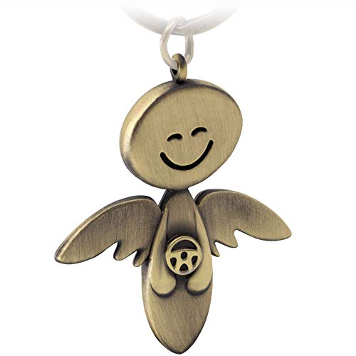 FABACH Schutzengel Schlüsselanhänger Smile mit Lenkrad - Edler Engel Anhänger aus Metall in mattem Bronze - Geschenk Glücksbringer Auto Führerschein - Fahr vorsichtig von FABACH