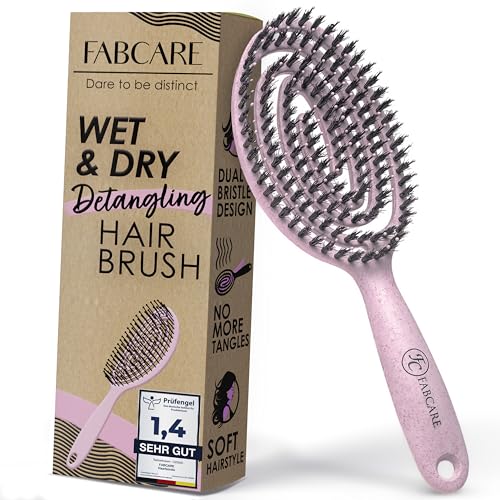 FABCARE Bio Haarbürste Wildschweinborsten Rund inkl. Ebook - Detangler-Bürste mit Doppelspiralfeder - Haarbürste ohne Ziepen - Profi Entwirrbürste für jeden Haartyp - Haarbürste Damen (Pink) von FABCARE